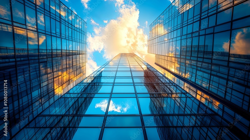 Glass Facade of a Skyscraper Reflecting the Sky and Clouds Glass Facade of a Skyscraper Reflecting the Sky and Clouds