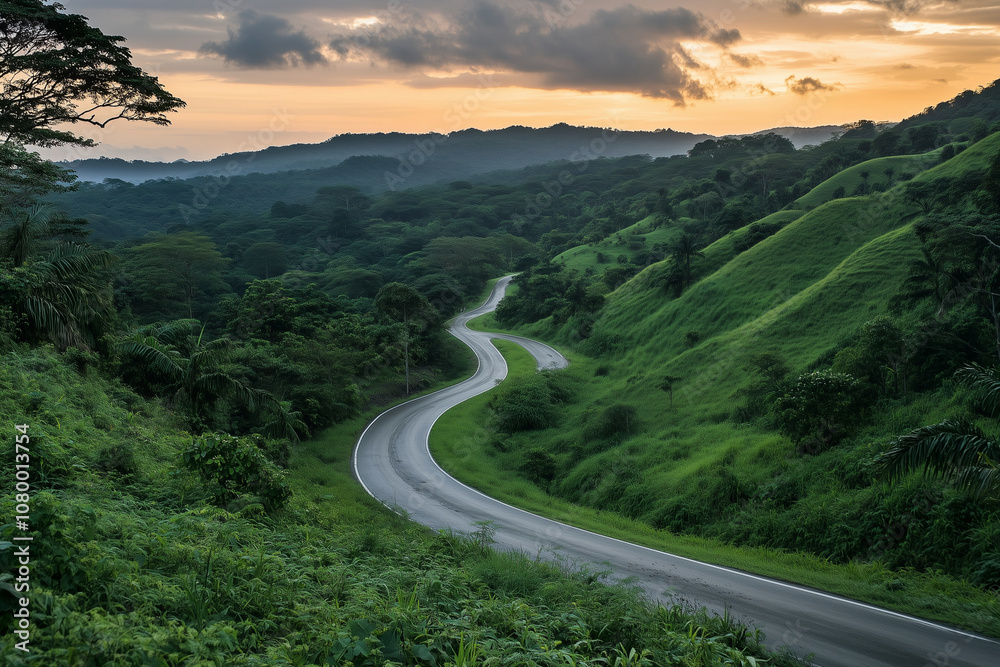 winding road with a beautiful sunset in the background. The road is surrounded by lush green hills and trees. The scene is serene and peaceful, with the sun setting in the distance winding road with a beautiful sunset in the background. The road is surrounded by lush green hills and trees. The scene is serene and peaceful, with the sun setting in the distance