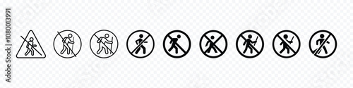 No hiking Sign, no cliff climbing sign vector illustration, No hiking icon, No hiking. Not hiking trail symbol. Prohibition sign isolated on white background