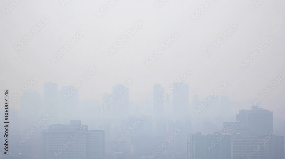 A cityscape shrouded in dense smog, with tall buildings barely visible through the hazy air. A cityscape shrouded in dense smog, with tall buildings barely visible through the hazy air.