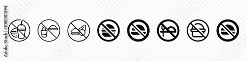Prohibition sign. Black forbidden symbol in red round shape, No food allowed symbol, No eat and drink vector icon, do not bring food and drink inside