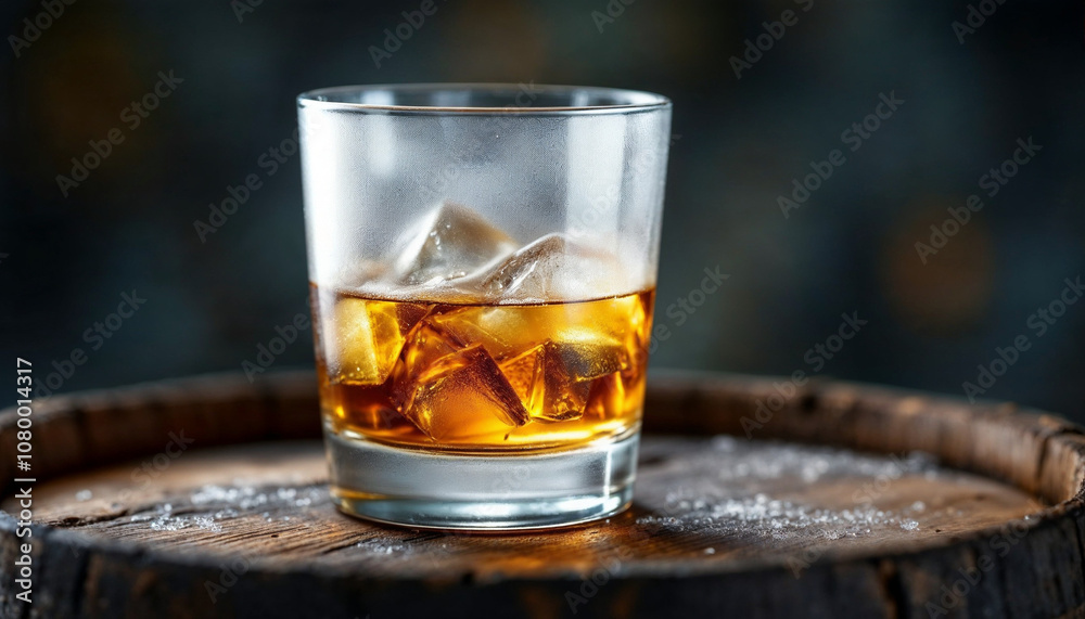 Frosted whisky glass and bottle on a rustic barrel, ideal for branding. Frosted whisky glass and bottle on a rustic barrel, ideal for branding.