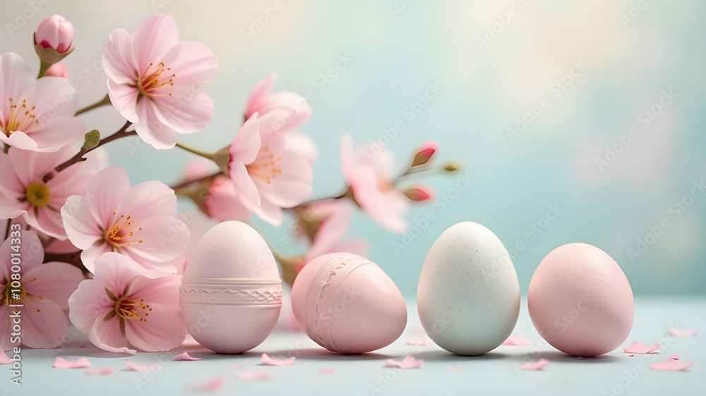Easter composition of pastel pink and blue eggs with cherry and apple flowers. High quality photo Easter composition of pastel pink and blue eggs with cherry and apple flowers. High quality photo