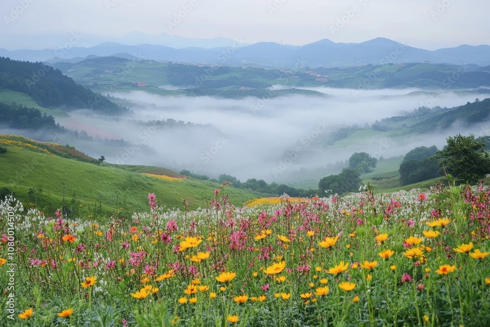 Valley View with Fog and Wildflowers Valley View with Fog and Wildflowers
