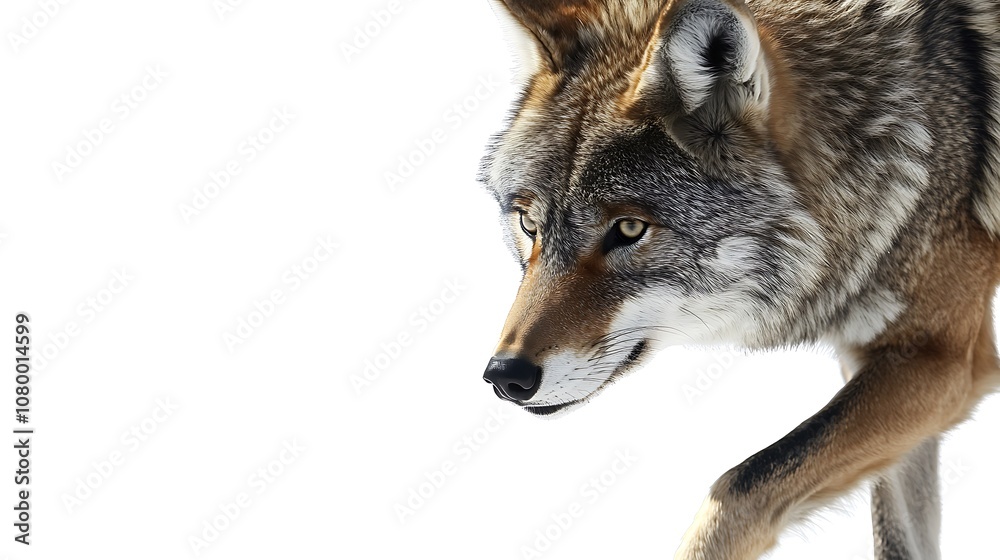 Fototapeta premium A gray wolf is walking against a white background.