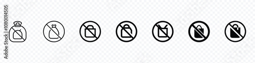 No backpacks allowed. It is forbidden to enter with backpacks. Shopping bag prohibited sign. Forbidden signs and symbols.