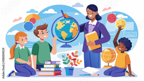 Diverse Classroom with Teacher and Students Learning Geography