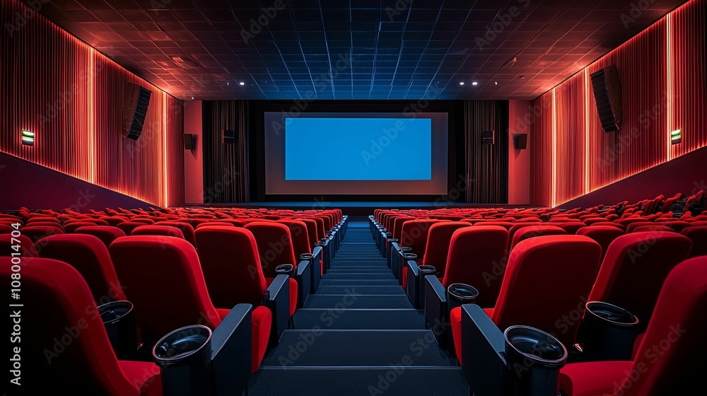 Empty Red Seats Facing a Blank Movie Screen in a Modern Theater Empty Red Seats Facing a Blank Movie Screen in a Modern Theater