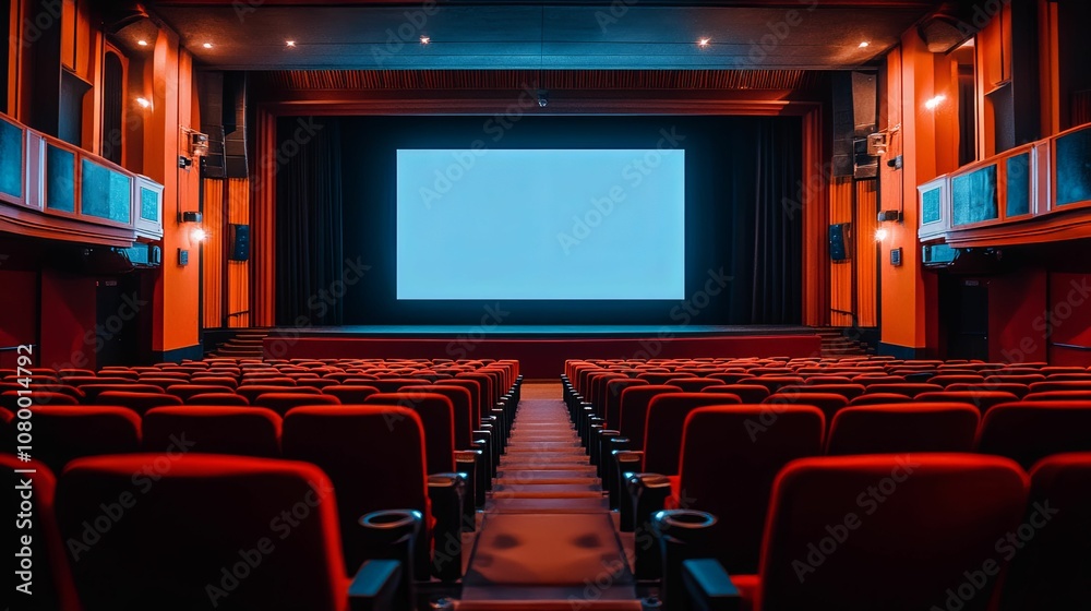 Empty Cinema Theater with Red Seats and a Large Screen Empty Cinema Theater with Red Seats and a Large Screen