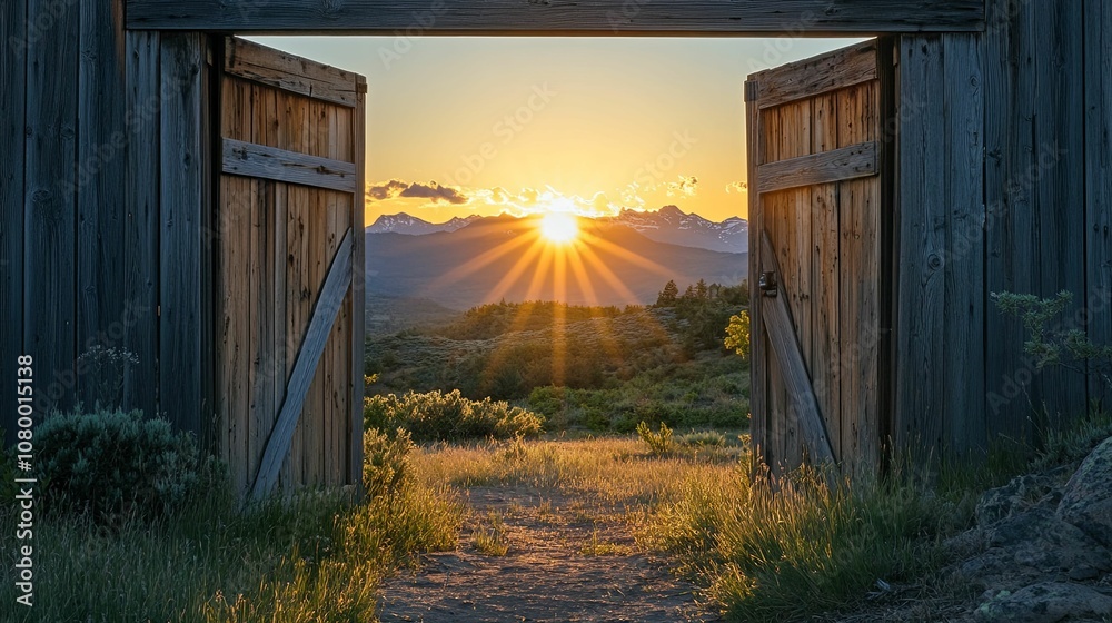 Open Wooden Doors Reveal Mountain Sunset Open Wooden Doors Reveal Mountain Sunset