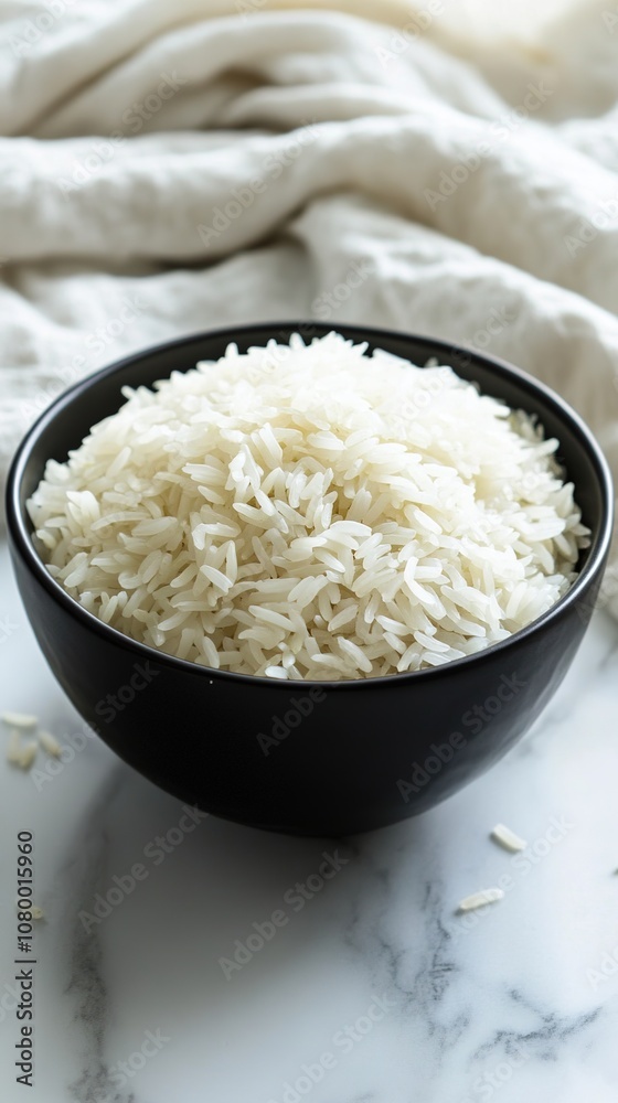 Abstract Marketing Background Featuring Mature Crops and Abundance in Autumn. This Design Showcases a Simple Black Bowl Filled with Glutinous Rice on a White Marble Table, Symbolizing Harvest and Agri Abstract Marketing Background Featuring Mature Crops and Abundance in Autumn. This Design Showcases a Simple Black Bowl Filled with Glutinous Rice on a White Marble Table, Symbolizing Harvest and Agri