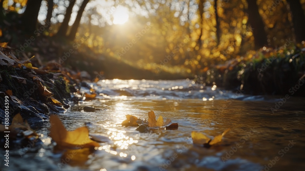 Autumn Stream with Floating Leaves in a Sunlit Forest Setting Autumn Stream with Floating Leaves in a Sunlit Forest Setting