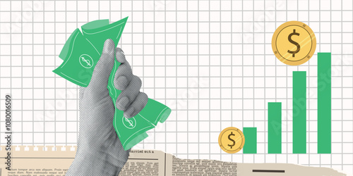 Contemporary Halftone Collage Hand for investments concept, marketing, trading. Online Stock banner with finance elements, coins, money. Vertical invest or business poster. Vector illustration.