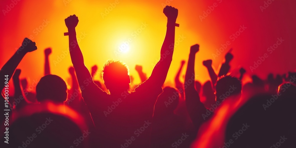 Dynamic crowd silhouettes at concert with orange gradient background and setting sun, radiating energy and excitement. Dynamic crowd silhouettes at concert with orange gradient background and setting sun, radiating energy and excitement.