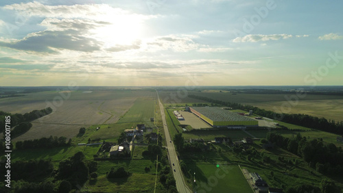 Aerial countryside highway at sunset photo