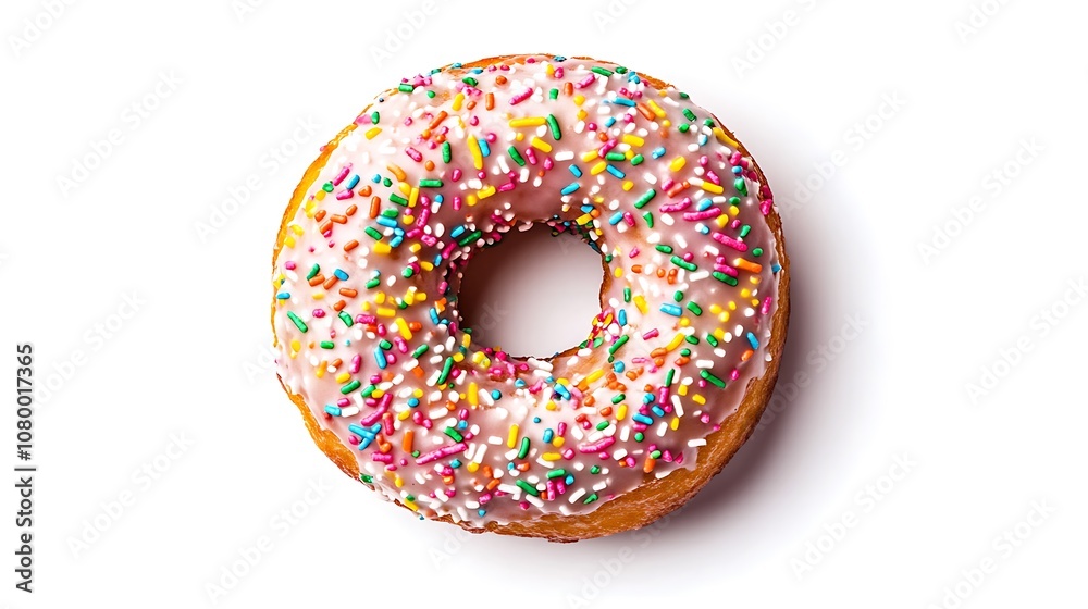 A glazed donut, topped with colorful sprinkles, is on a white background. A glazed donut, topped with colorful sprinkles, is on a white background.