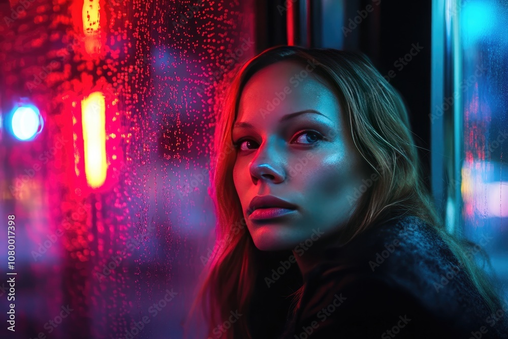 Woman's Face Illuminated by Red and Blue Neon Lights Through Wet Glass Woman's Face Illuminated by Red and Blue Neon Lights Through Wet Glass