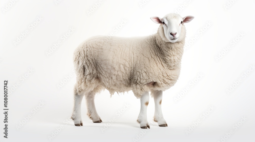 Fototapeta premium Sheep Standing Calmly Against a Light Background, Ideal for Agriculture, Nature, or Animal-Themed Projects