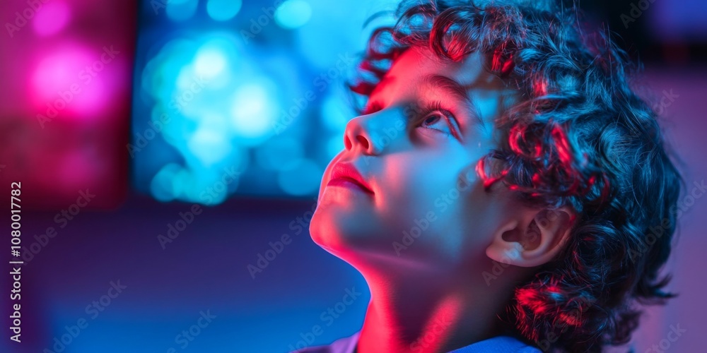 Thoughtful curly-haired boy in deep contemplation, dressed in blue, gazing up with blurred blue and purple background. Thoughtful curly-haired boy in deep contemplation, dressed in blue, gazing up with blurred blue and purple background.