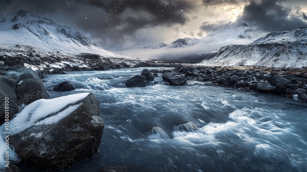 Fototapeta premium Stunning Winter Landscape of a River Flowing Through Snowy Mountains