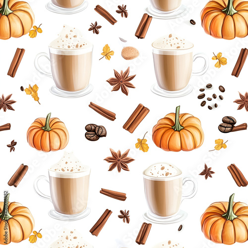 pumpkin spice latte seamless pattern coffee bariste ingredients background repeatable texture photo