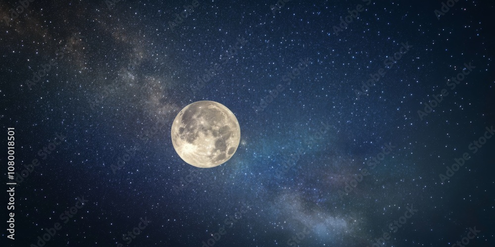 Fototapeta premium Majestic Night Sky with Full Moon, Stars, and Milky Way Galaxy, Creating Awe-Inspiring Visual Spectacle