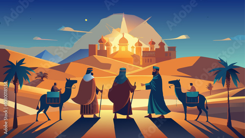 Journey of the three wise men to bethlehem at sunrise - christmas nativity scene art for seasonal decor