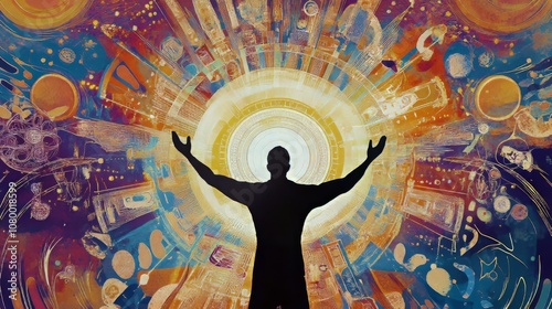 Abstract Silhouette Reaching Towards Light in Cosmic Design