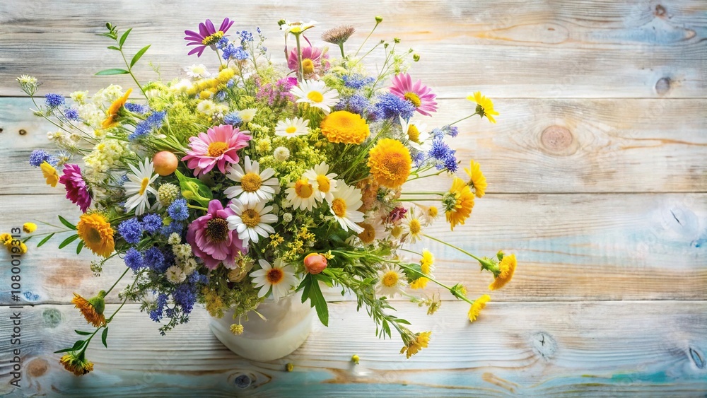 Fototapeta premium Bouquet of wild flowers in a vase watercolor style aerial view