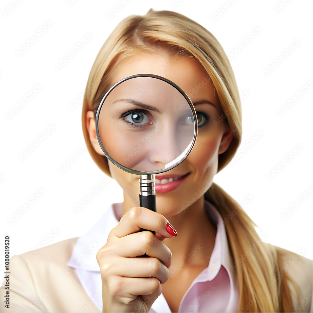 Close-up of woman holding magnifying glass while standing against Close-up of woman holding magnifying glass while standing against
