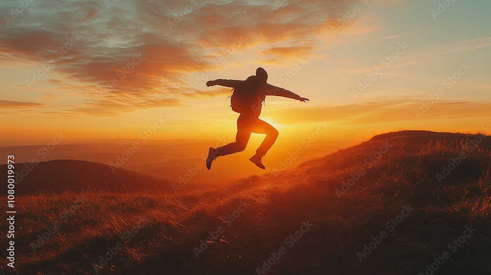 Silhouette of a Man Jumping on a Mountaintop at Sunset Silhouette of a Man Jumping on a Mountaintop at Sunset