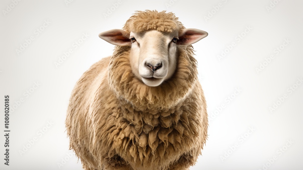 Fototapeta premium A fluffy brown sheep looks directly at the camera against a white background.