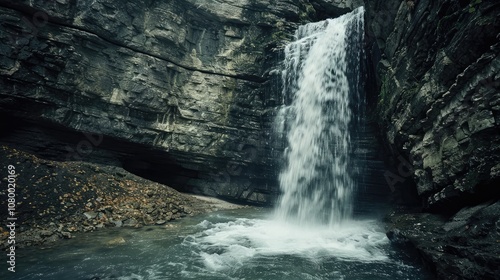Serene Waterfall Amid Rugged Cliffs