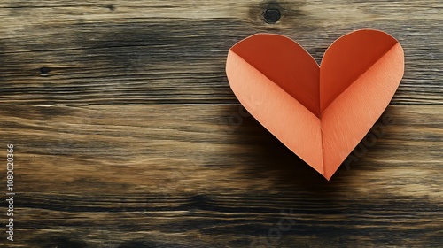 Handcrafted orange paper heart resting on a rustic wooden surface, symbolizing love and creativity in a cozy environment