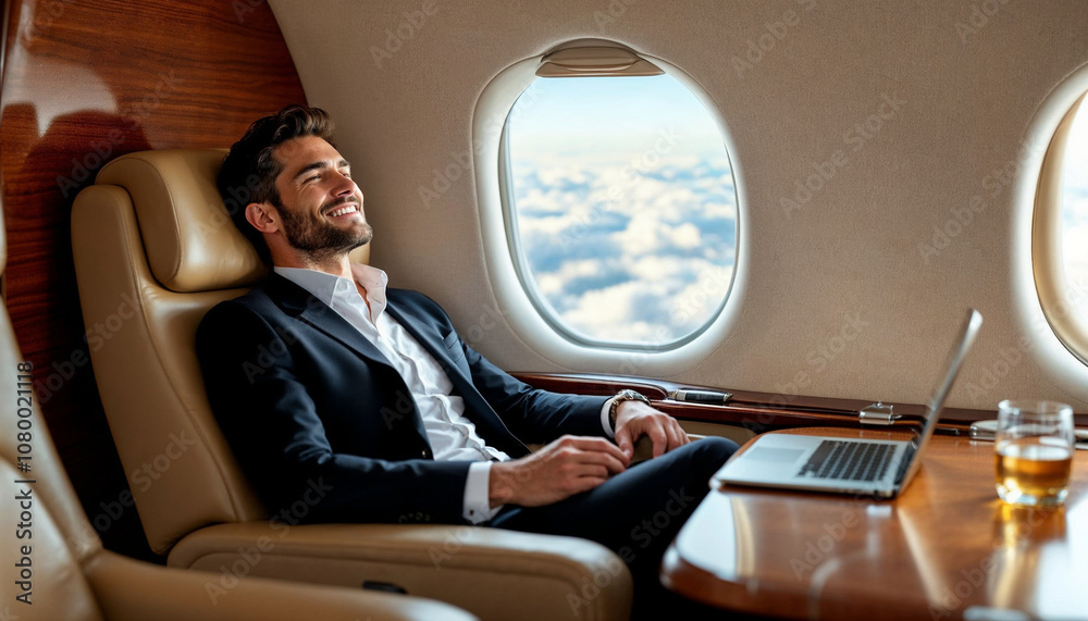 A relaxed businessman in a private jet, exuding luxury and efficiency.
A relaxed businessman in a private jet, exuding luxury and efficiency.