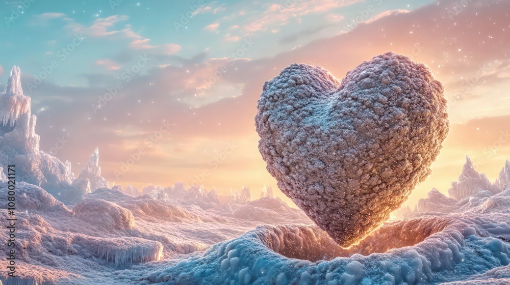 Fototapeta premium A mystical winter scene with a giant, textured heart rising from an icy crater in a pastel-colored landscape. The frosty texture glows softly against the snowy 