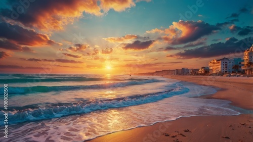 Golden Hour Sunset Over Coastal Cityscape