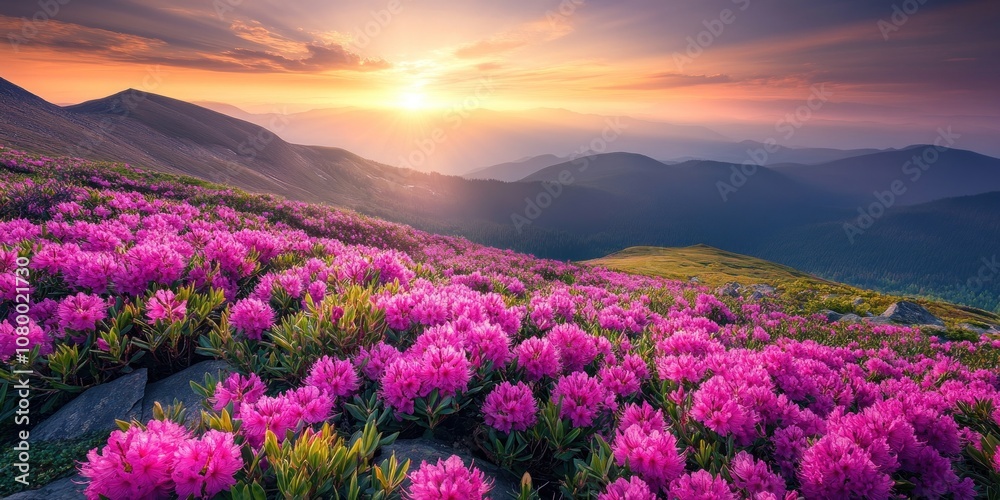 Pink Flowers on a Mountain at Sunset. Pink Flowers on a Mountain at Sunset.