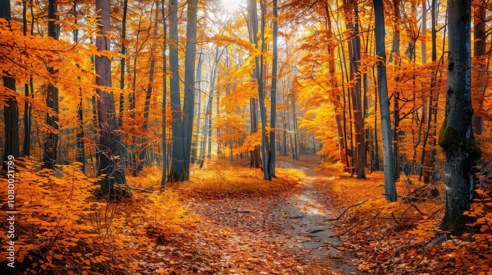 Fototapeta premium Vibrant Autumn Forest Path with Golden Leaves
