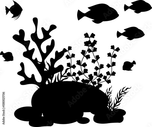 Coral And Seaweed With Fish Silhouette