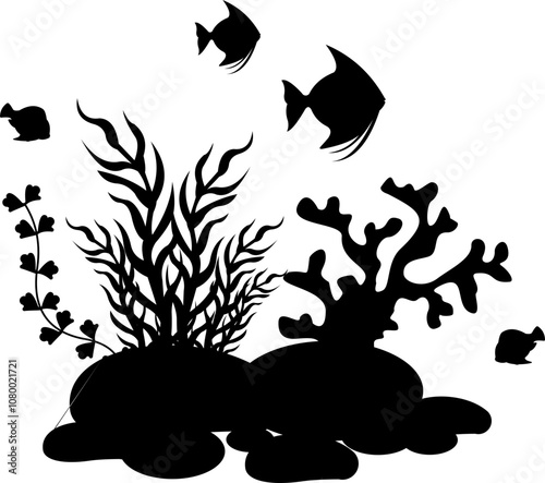 Coral And Seaweed With Fish Silhouette