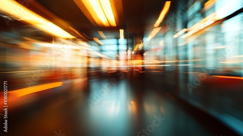 An abstract, blurry view of an office with defocused elements and bokeh lights, capturing the essence of business and office dynamics. 