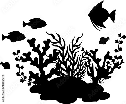 Coral And Seaweed With Fish Silhouette