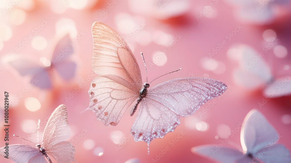 A serene, pastel pink background scattered with sparkling butterflies that seem to float effortlessly. The butterflies vary in size, with larger, glittery-winged ones A serene, pastel pink background scattered with sparkling butterflies that seem to float effortlessly. The butterflies vary in size, with larger, glittery-winged ones