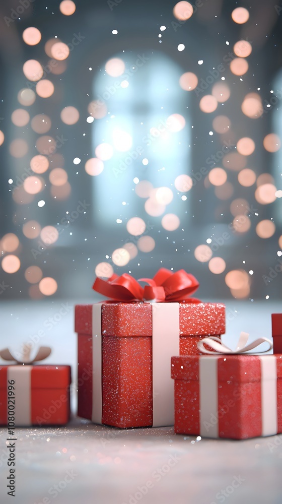 Festive Red Gift Boxes with Bokeh Background Festive Red Gift Boxes with Bokeh Background