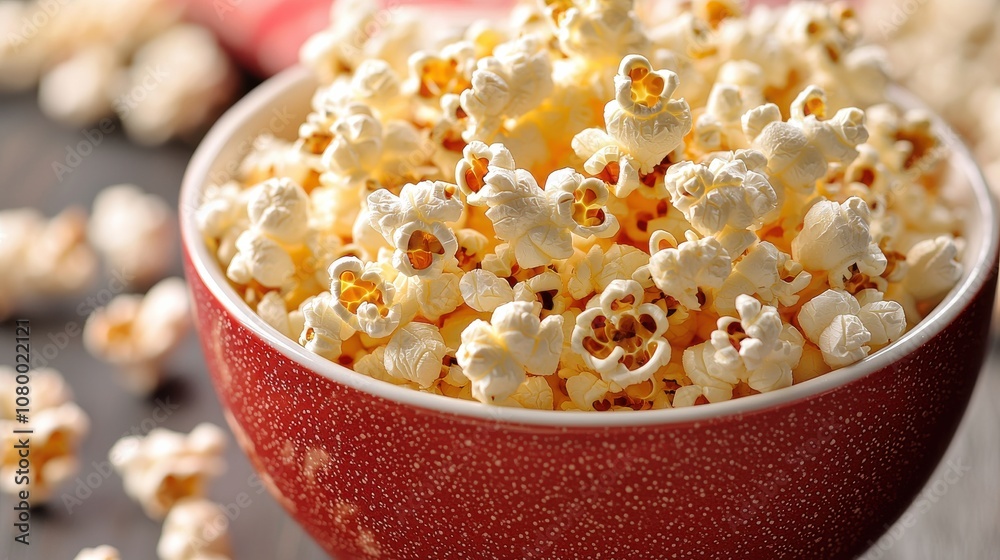 Freshly popped popcorn in a red bowl set against a rustic wooden background with scattered kernels around Freshly popped popcorn in a red bowl set against a rustic wooden background with scattered kernels around