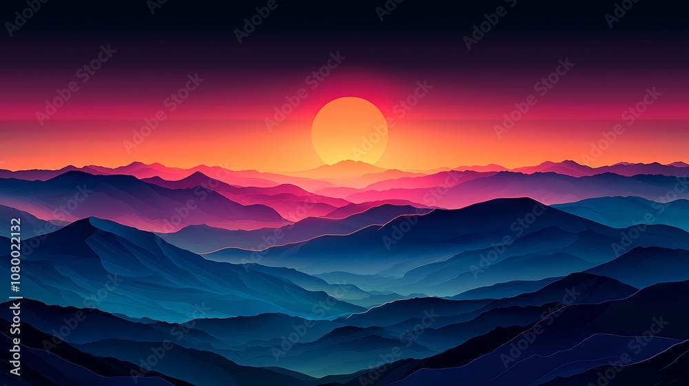 A vibrant sunset paints the sky over a vast, mountainous landscape. A vibrant sunset paints the sky over a vast, mountainous landscape.
