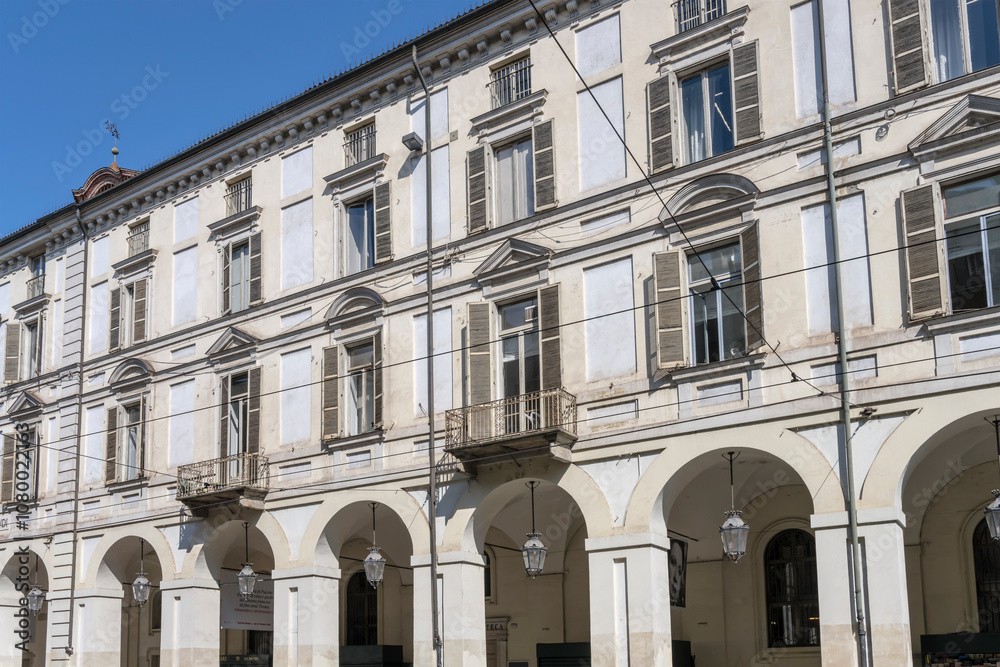 building facade at Po street never ending covered walkways, Torino, Italy