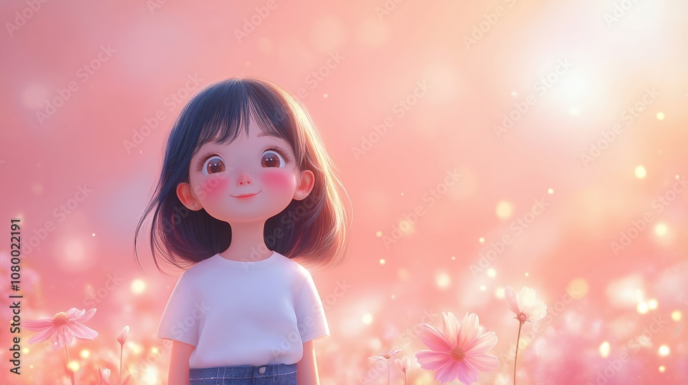 soft light illustration of a cute girl in flower blossom field, pink light tone color soft light illustration of a cute girl in flower blossom field, pink light tone color