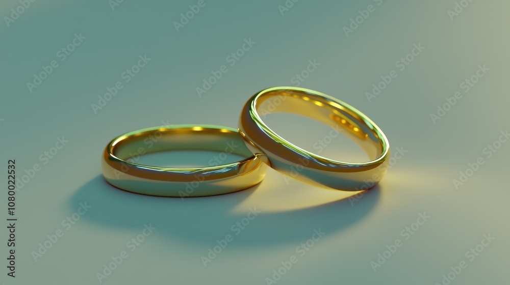 Two elegant gold wedding rings placed together on a soft surface, illuminated by gentle light, symbolizing love and commitment Two elegant gold wedding rings placed together on a soft surface, illuminated by gentle light, symbolizing love and commitment